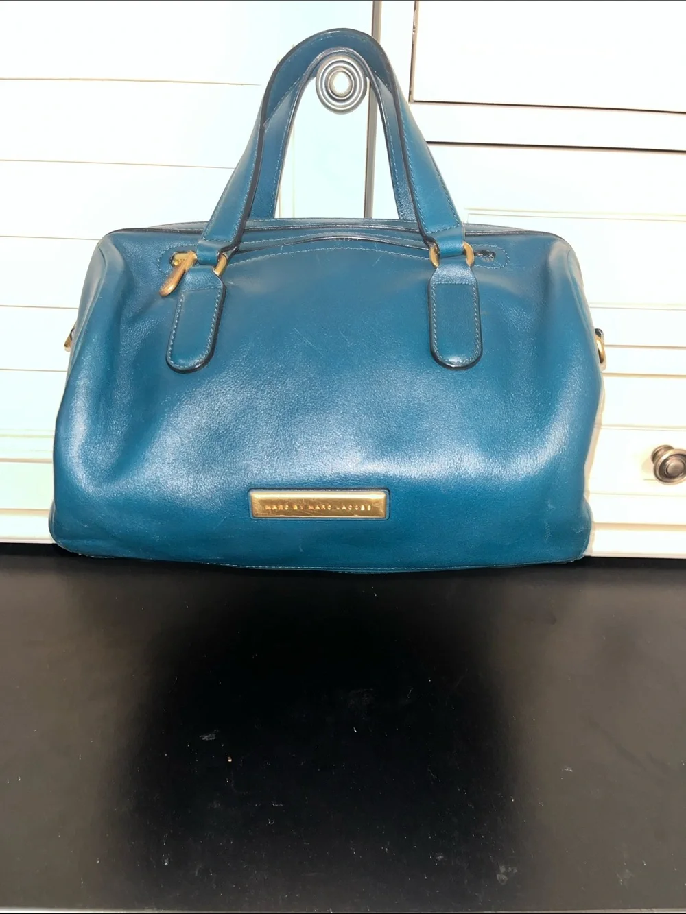 Marc by Marc Jacobs Teal Blue Leather Satchel with Gold Hardware